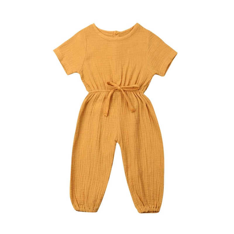 Mubineo Toddler Baby Girl Summer Fall Basic Plain Short Sleeve Cotton Linen Drawstring Romper Jumpsuit (Mustard Yellow, 18-24 Months) - Image 1